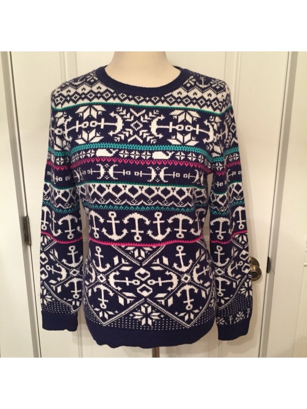 VINEYARD VINES SWEATER CREWNECK BLUE WHITE PRINT LONG SLEEVE PREPPY Size M